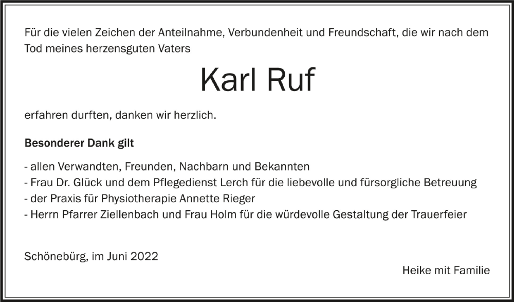  Traueranzeige für Karl Ruf vom 01.07.2022 aus Schwäbische Zeitung