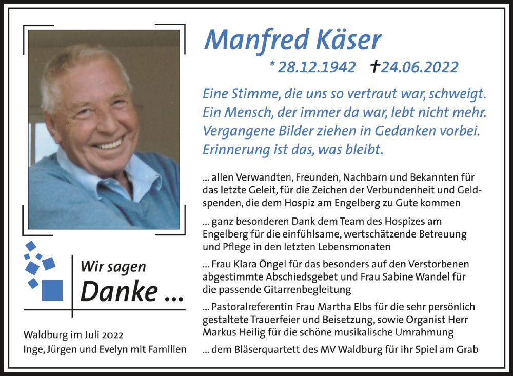  Traueranzeige für Manfred Käser vom 08.07.2022 aus Schwäbische Zeitung