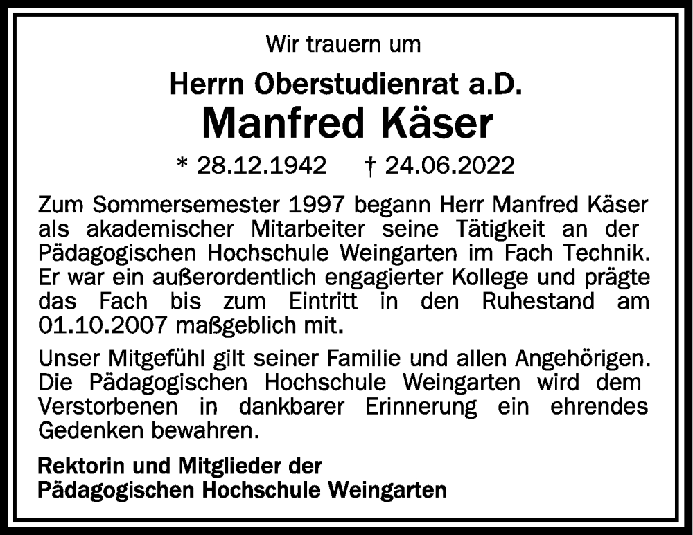  Traueranzeige für Manfred Käser vom 30.06.2022 aus Schwäbische Zeitung