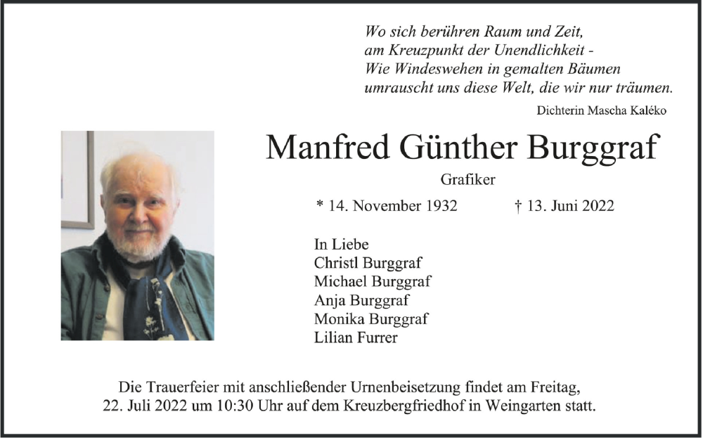  Traueranzeige für Manfred Günther Burggraf vom 02.07.2022 aus Schwäbische Zeitung