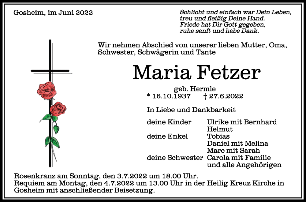  Traueranzeige für Maria Fetzer vom 01.07.2022 aus Schwäbische Zeitung