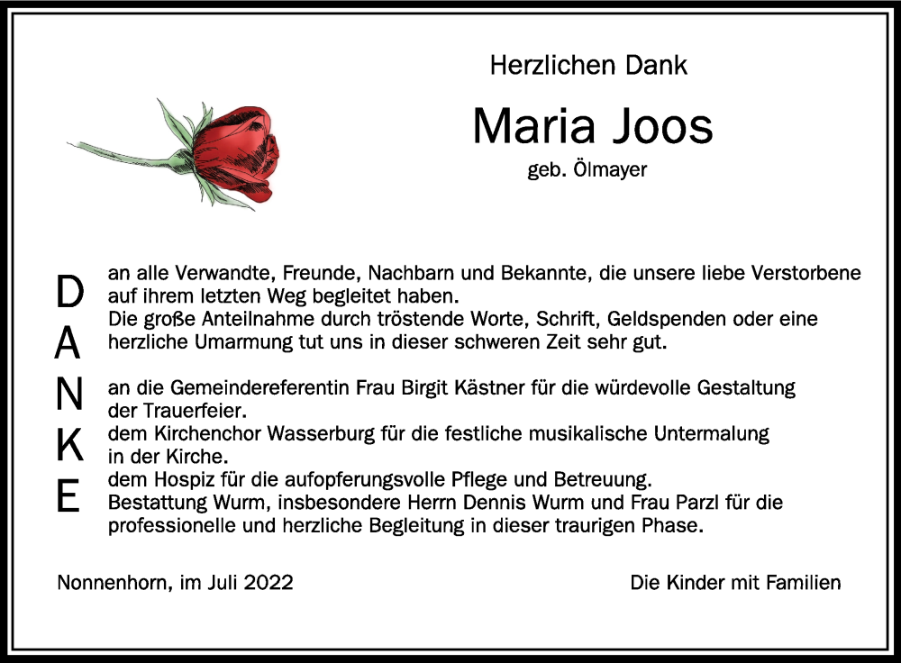  Traueranzeige für Maria Joos vom 23.07.2022 aus Schwäbische Zeitung