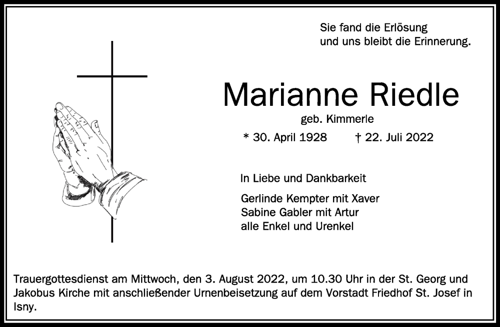 Traueranzeigen Von Marianne Riedle Schwaebische De Trauerportal My