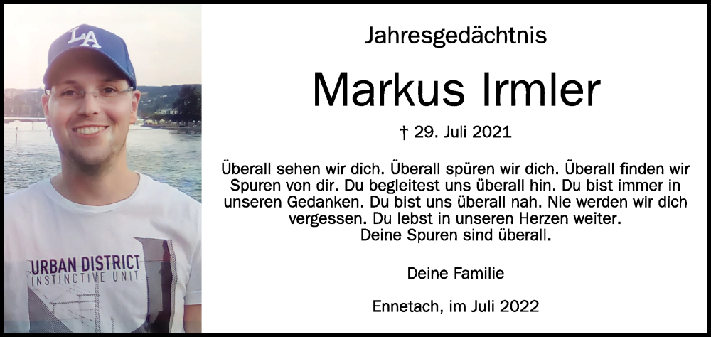  Traueranzeige für Markus Irmler vom 29.07.2022 aus Schwäbische Zeitung