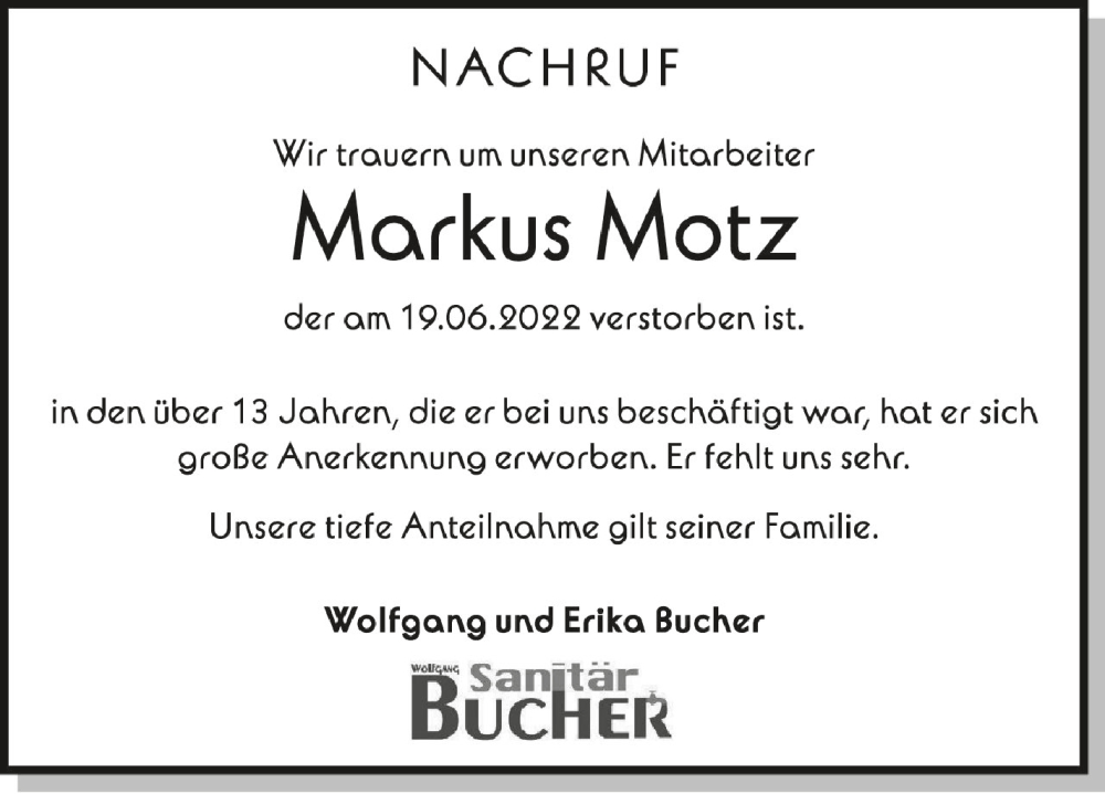  Traueranzeige für Markus Motz vom 20.07.2022 aus Schwäbische Zeitung