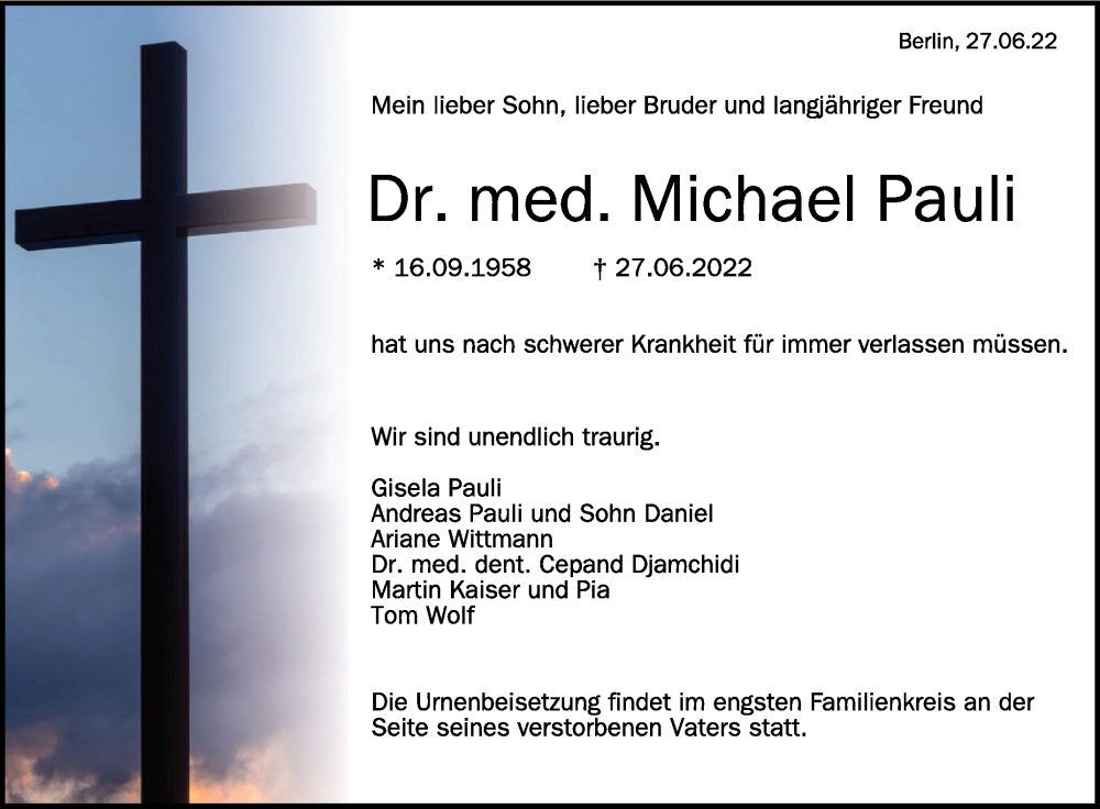  Traueranzeige für Michael Pauli vom 05.07.2022 aus Schwäbische Zeitung