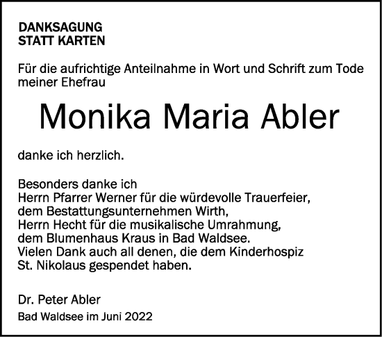 Anzeige von Monika Maria Abler von Schwäbische Zeitung