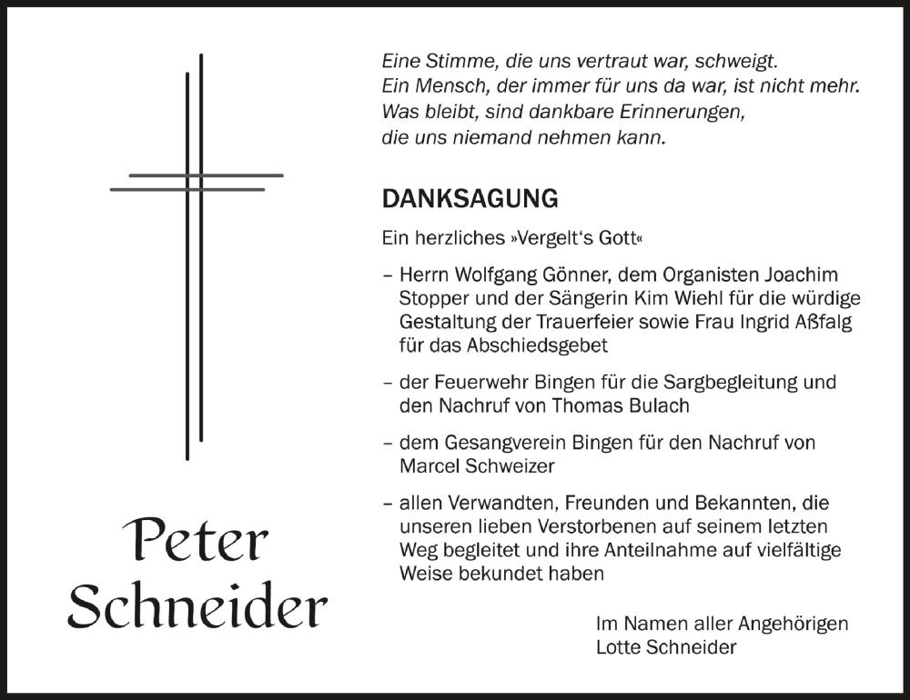  Traueranzeige für Peter Schneider vom 09.07.2022 aus Schwäbische Zeitung