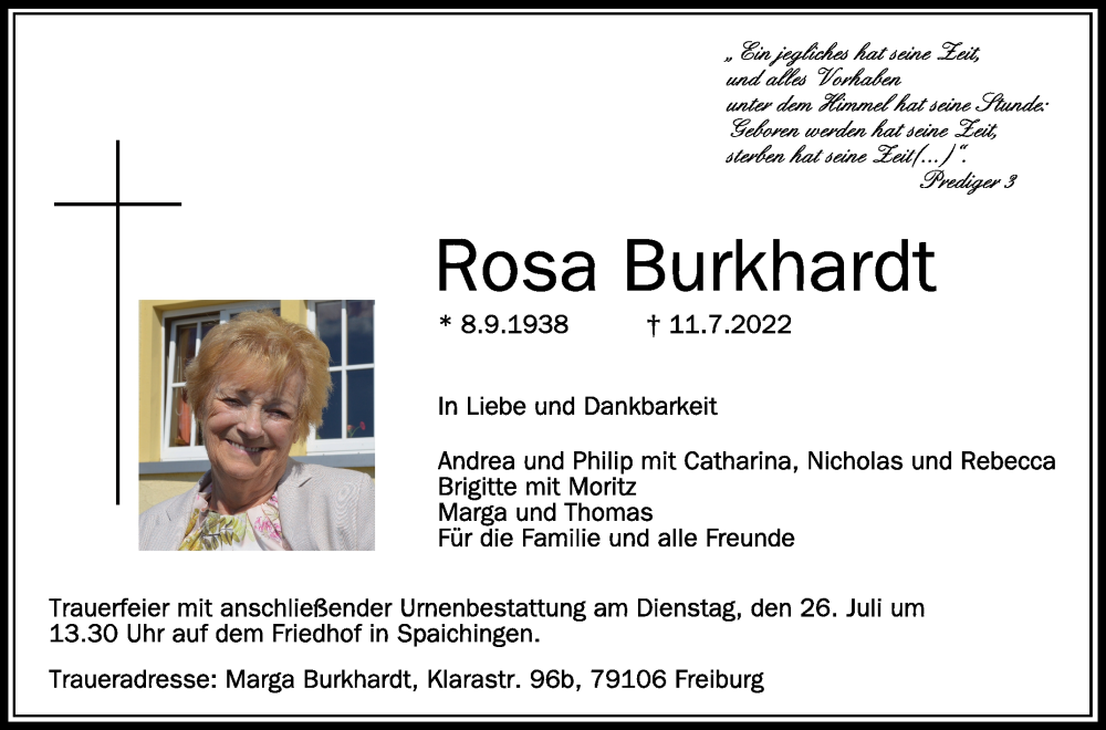  Traueranzeige für Rosa Burkhardt vom 23.07.2022 aus Schwäbische Zeitung