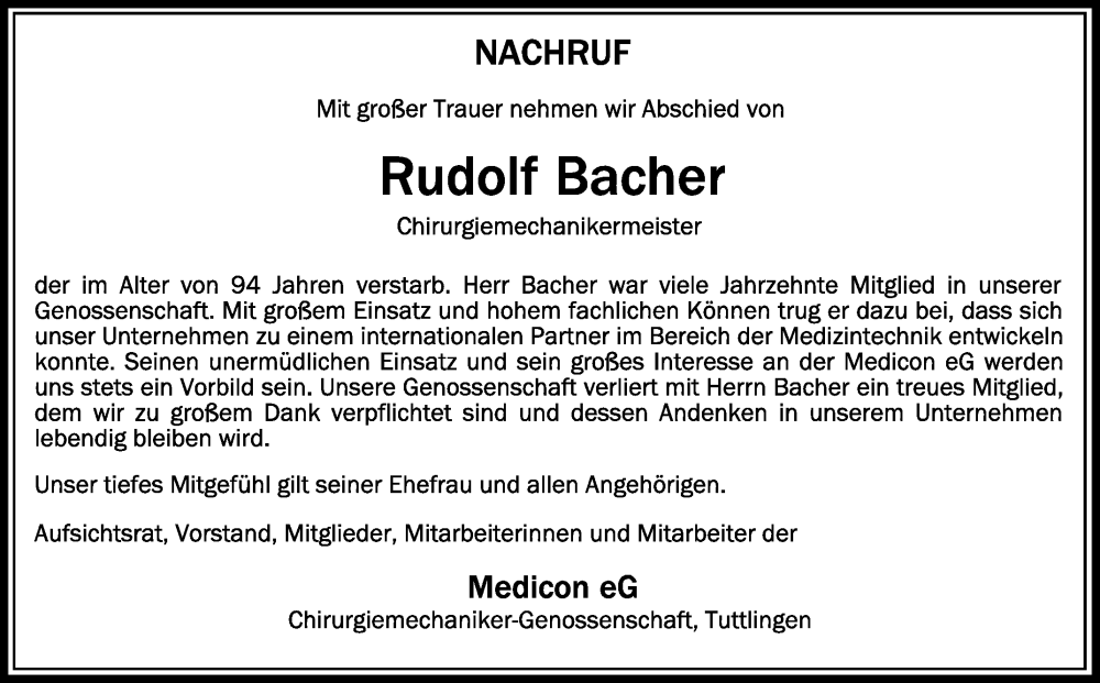  Traueranzeige für Rudolf Bacher vom 16.07.2022 aus Schwäbische Zeitung