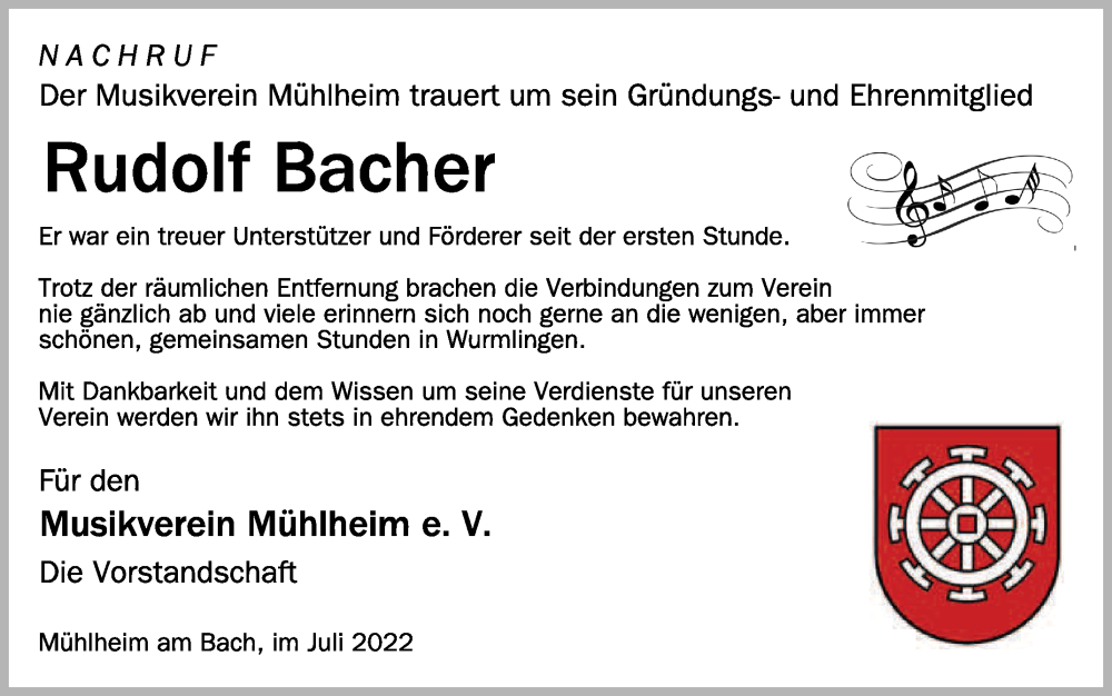  Traueranzeige für Rudolf Bacher vom 19.07.2022 aus Schwäbische Zeitung