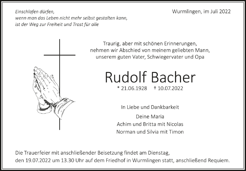  Traueranzeige für Rudolf Bacher vom 16.07.2022 aus Schwäbische Zeitung