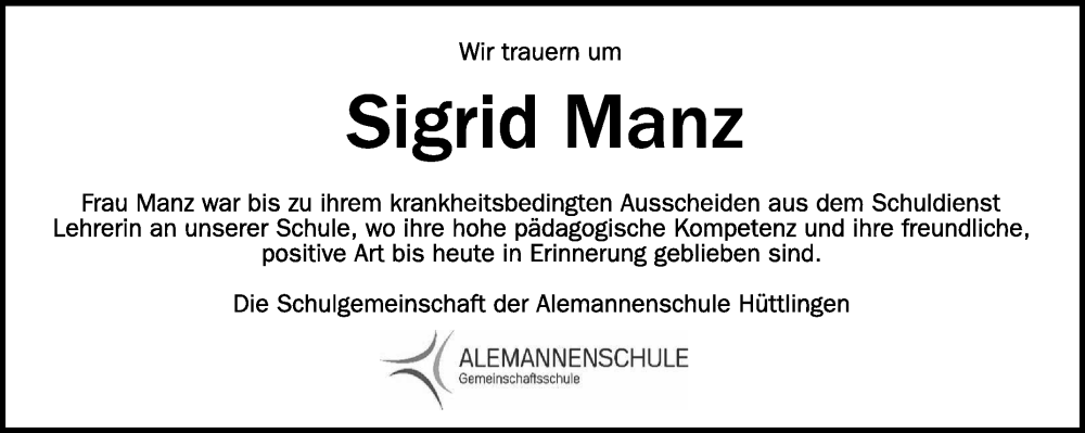  Traueranzeige für Sigrid Manz vom 02.07.2022 aus Schwäbische Zeitung