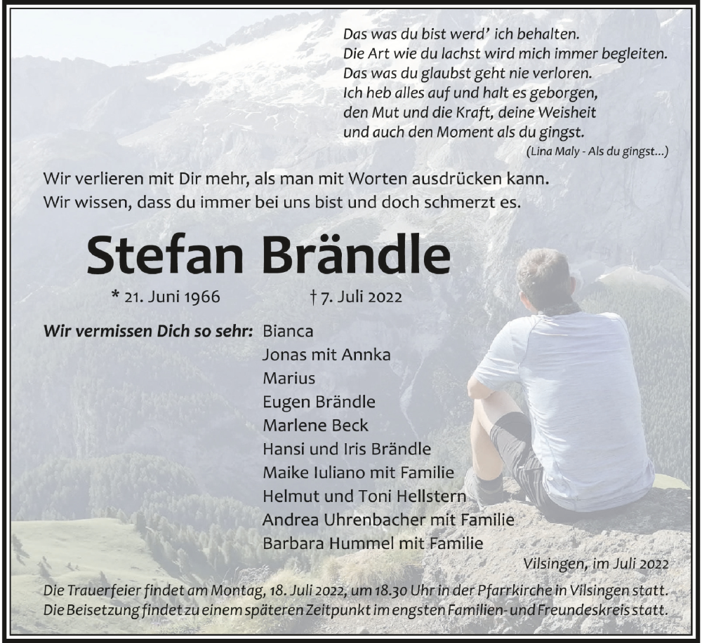  Traueranzeige für Stefan Brändle vom 16.07.2022 aus Schwäbische Zeitung