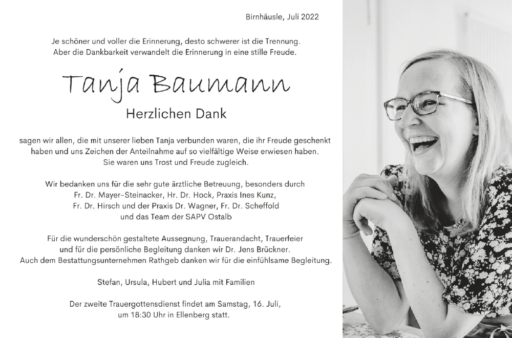 Traueranzeige für Tanja Baumann vom 14.07.2022 aus Schwäbische Zeitung