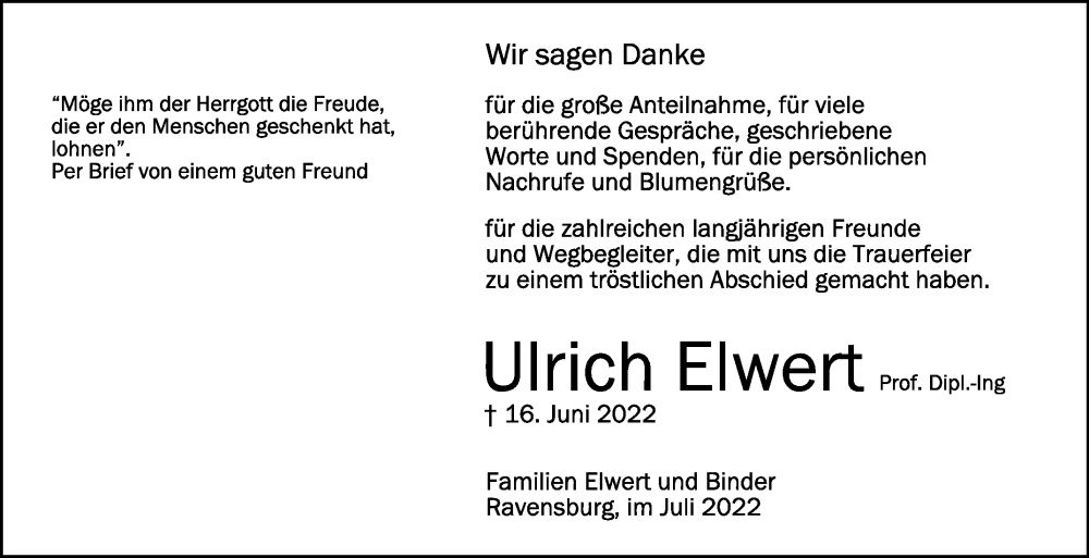  Traueranzeige für Ulrich Elwert vom 08.07.2022 aus Schwäbische Zeitung