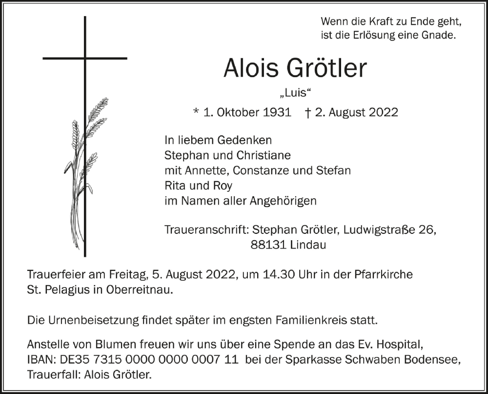  Traueranzeige für Alois Grötler vom 04.08.2022 aus Schwäbische Zeitung