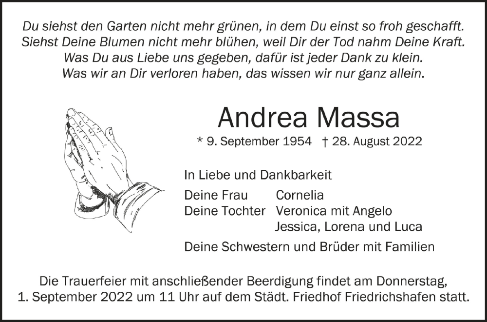  Traueranzeige für Andrea Massa vom 31.08.2022 aus Schwäbische Zeitung