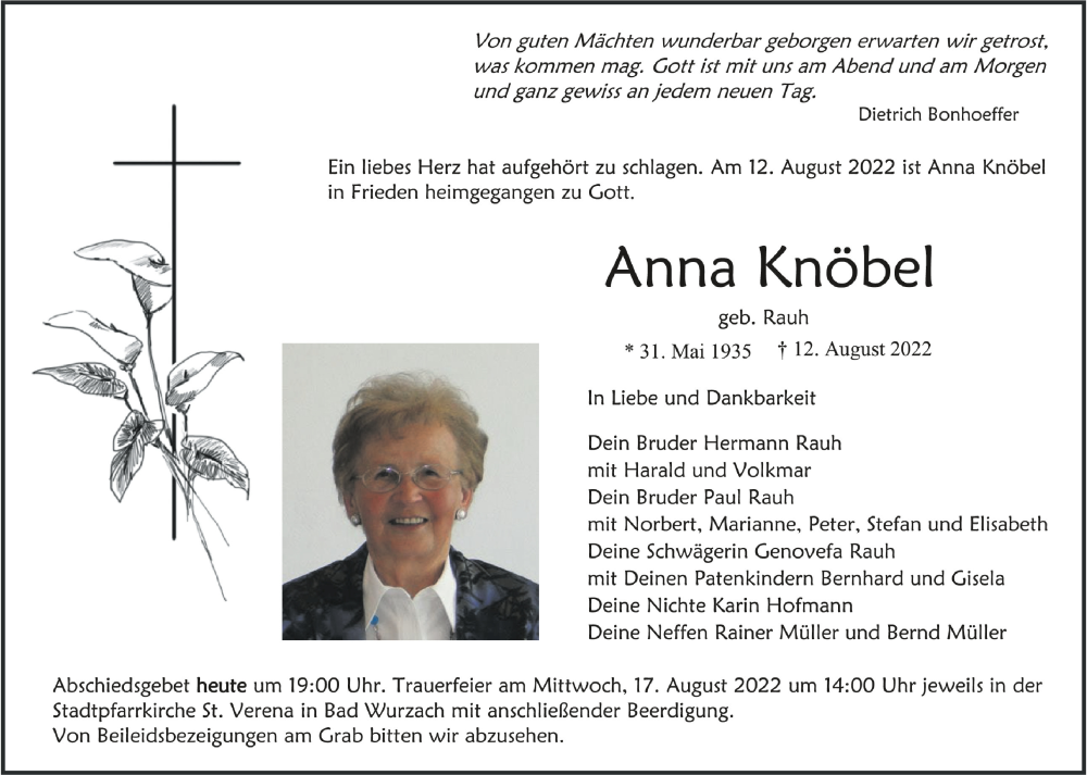  Traueranzeige für Anna Knöbel vom 16.08.2022 aus Schwäbische Zeitung