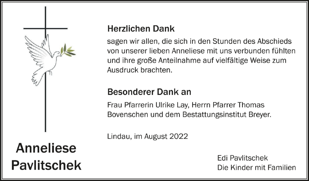  Traueranzeige für Anneliese Pavlitschek vom 27.08.2022 aus Schwäbische Zeitung