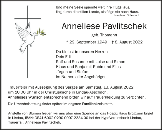 Anzeige von Anneliese Pavlitschek von Schwäbische Zeitung
