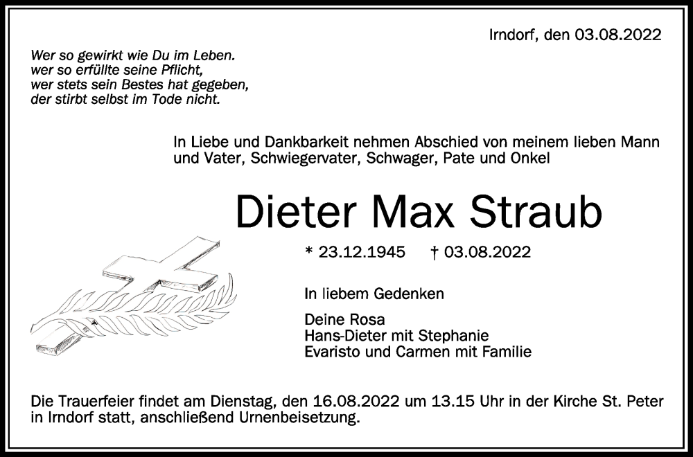  Traueranzeige für Dieter Max Straub vom 12.08.2022 aus Schwäbische Zeitung