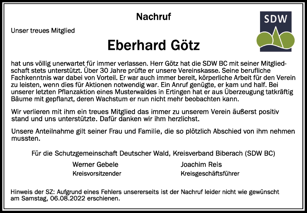  Traueranzeige für Eberhard Götz vom 09.08.2022 aus Schwäbische Zeitung