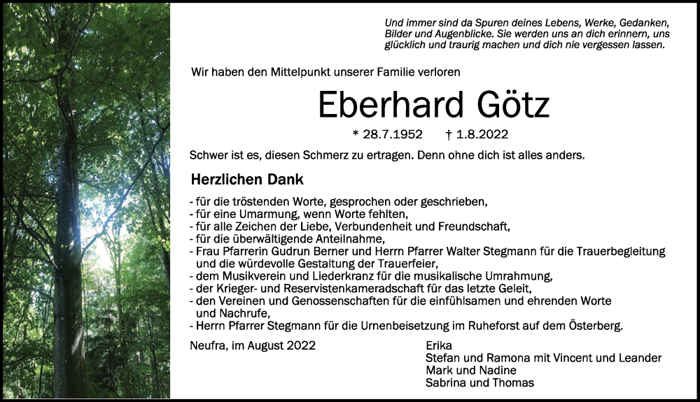  Traueranzeige für Eberhard Götz vom 17.08.2022 aus Schwäbische Zeitung