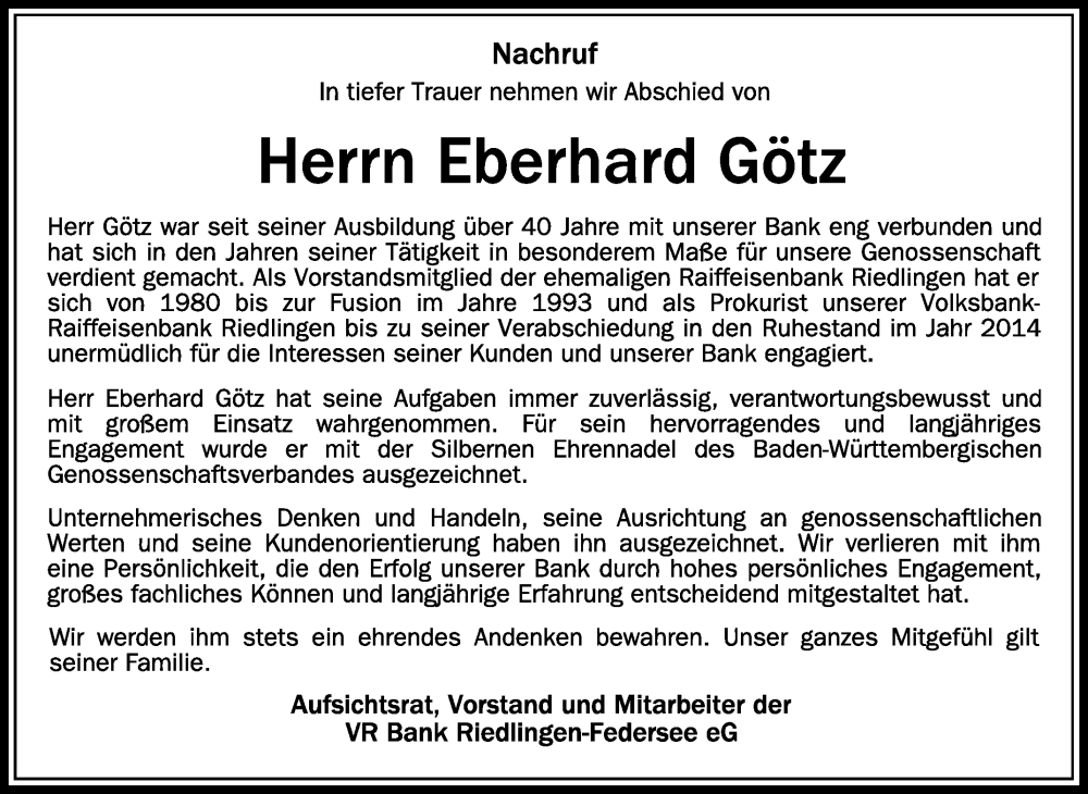  Traueranzeige für Eberhard Götz vom 05.08.2022 aus Schwäbische Zeitung