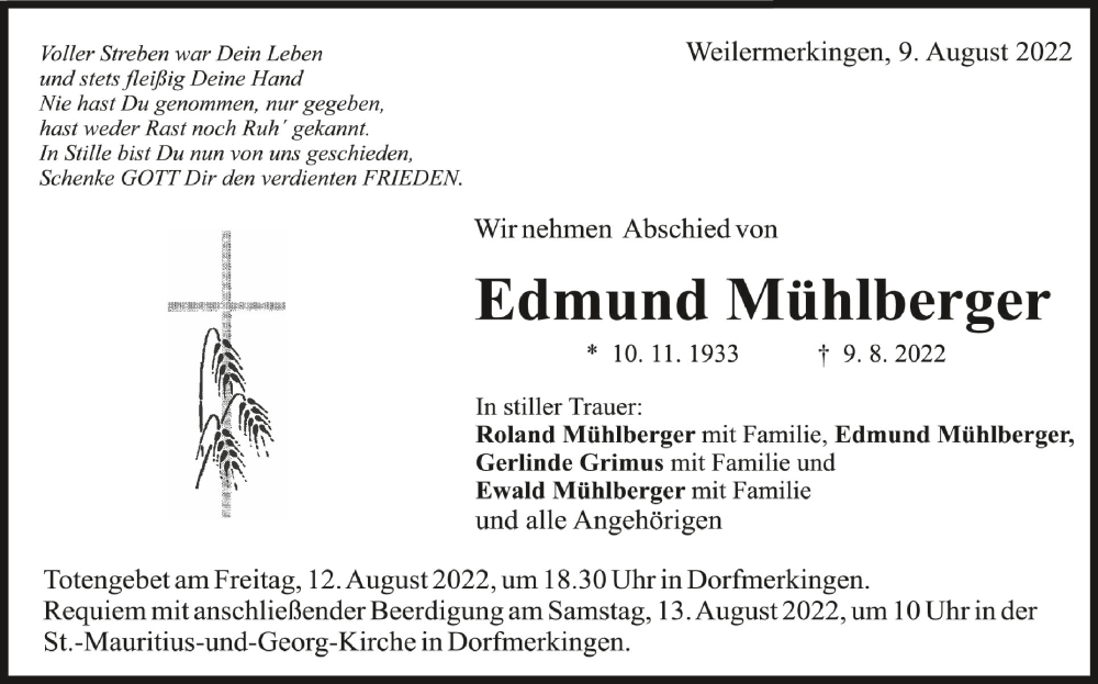  Traueranzeige für Edmund Mühlberger vom 10.08.2022 aus Schwäbische Zeitung