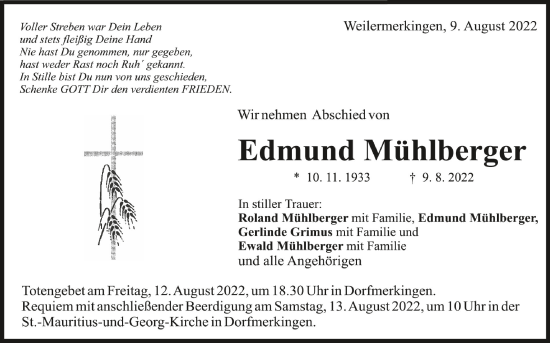 Anzeige von Edmund Mühlberger von Schwäbische Zeitung