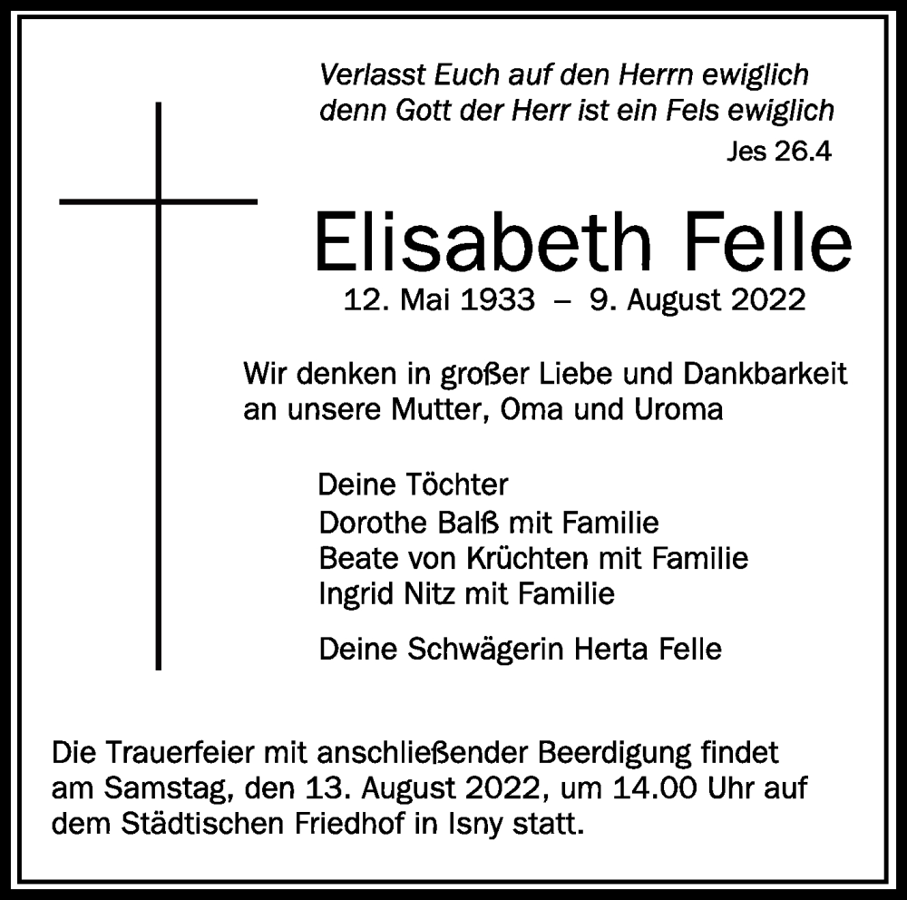  Traueranzeige für Elisabeth Felle vom 12.08.2022 aus Schwäbische Zeitung