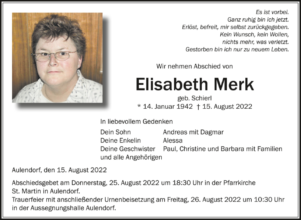 Traueranzeigen Von Elisabeth Merk | Schwaebische.de Trauerportal