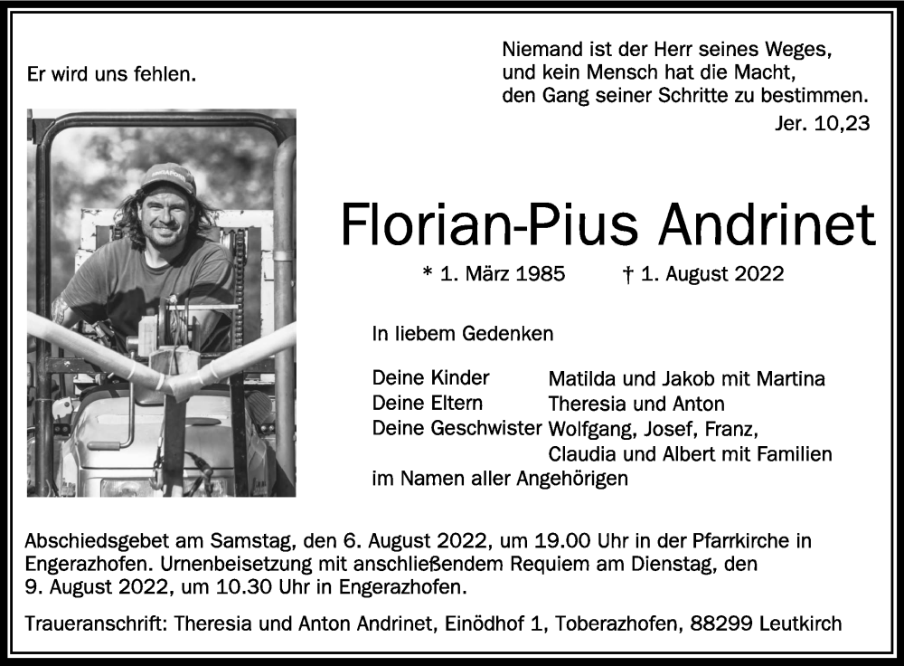  Traueranzeige für Florian-Pius Andrinet vom 04.08.2022 aus Schwäbische Zeitung