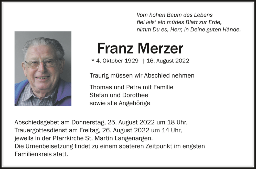  Traueranzeige für Franz Merzer vom 20.08.2022 aus Schwäbische Zeitung