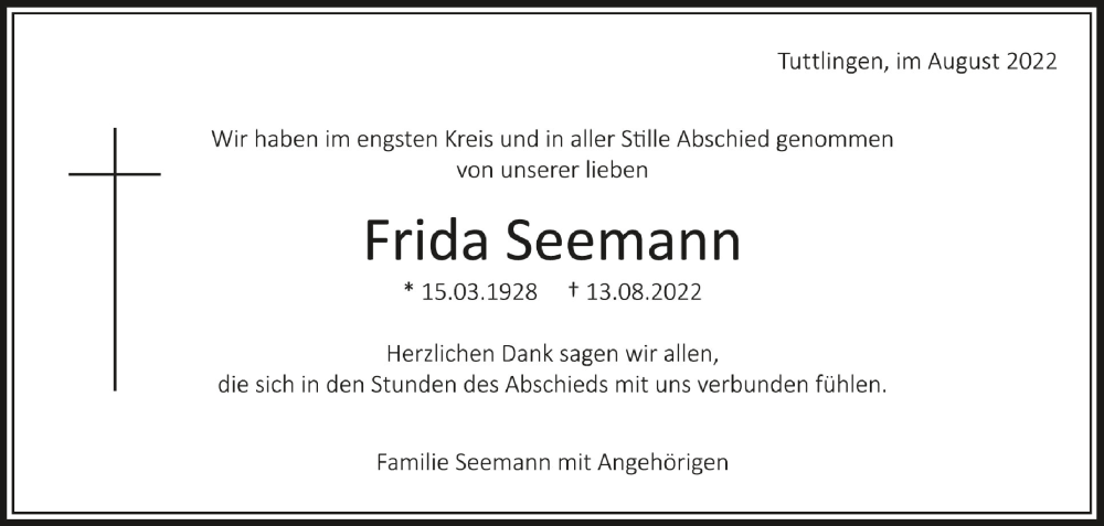  Traueranzeige für Frida Seemann vom 26.08.2022 aus Schwäbische Zeitung