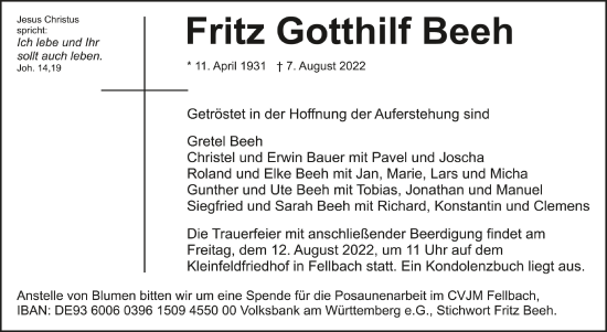 Anzeige von Fritz Gotthilf Beeh von Schwäbische Zeitung