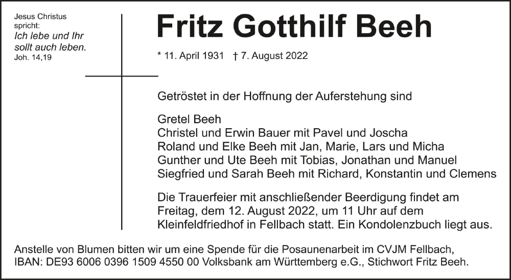  Traueranzeige für Fritz Gotthilf Beeh vom 10.08.2022 aus Schwäbische Zeitung