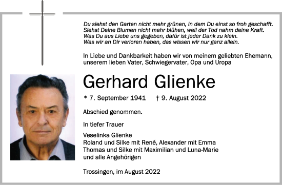 Anzeige von Gerhard Glienke von Schwäbische Zeitung