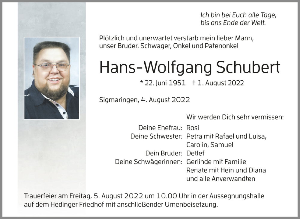  Traueranzeige für Hans-Wolfgang Schubert vom 04.08.2022 aus Schwäbische Zeitung