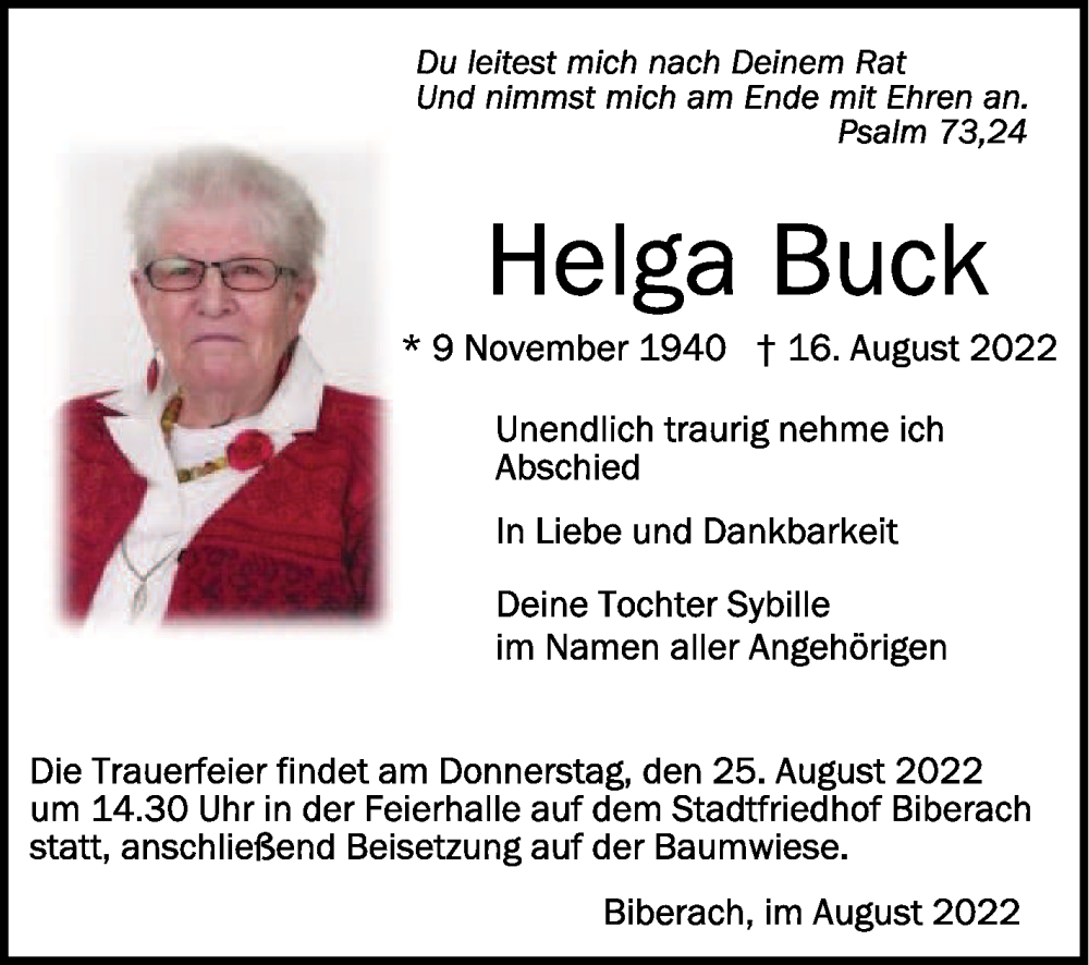  Traueranzeige für Helga Buck vom 23.08.2022 aus Schwäbische Zeitung