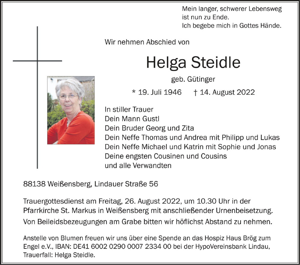  Traueranzeige für Helga Steidle vom 20.08.2022 aus Schwäbische Zeitung