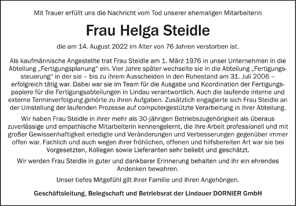  Traueranzeige für Helga Steidle vom 22.08.2022 aus Schwäbische Zeitung