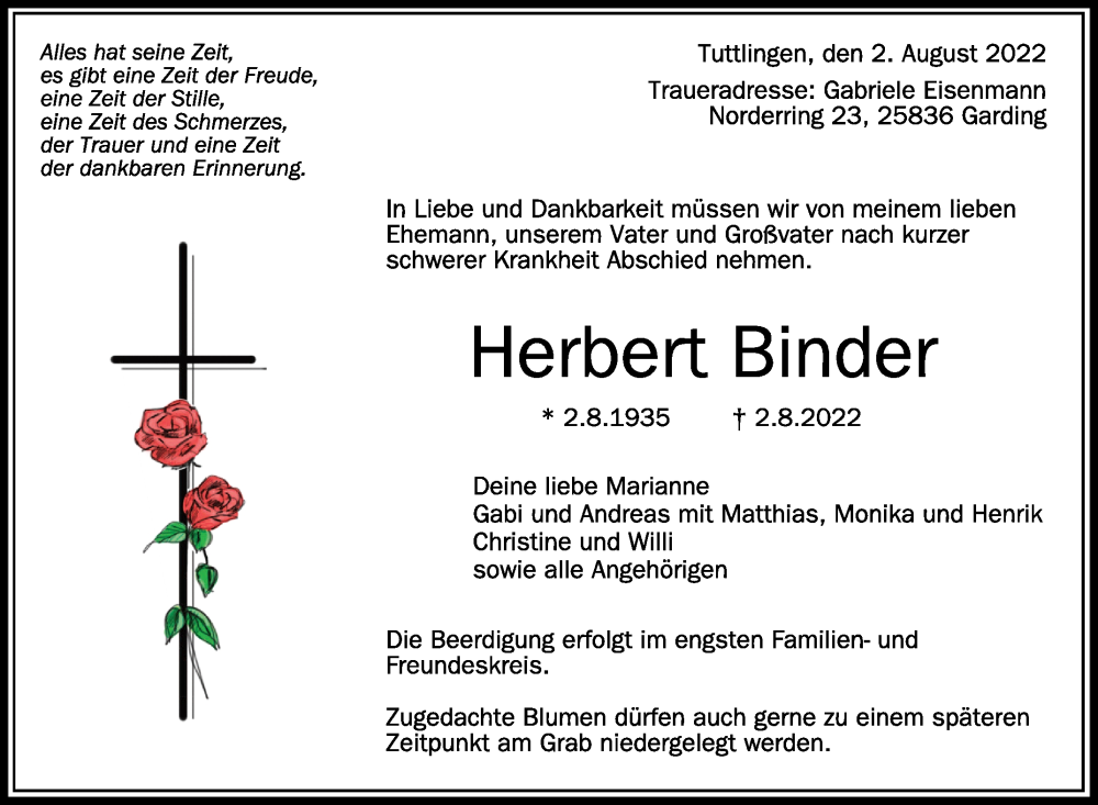  Traueranzeige für Herbert Binder vom 04.08.2022 aus Schwäbische Zeitung