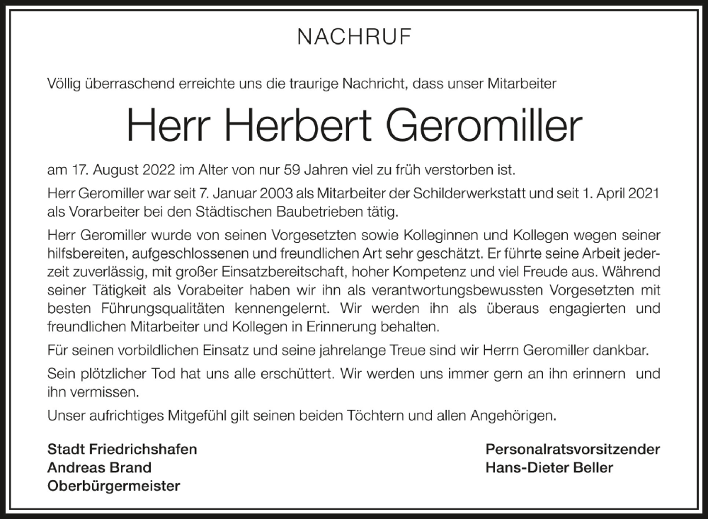  Traueranzeige für Herbert Geromiller vom 27.08.2022 aus Schwäbische Zeitung