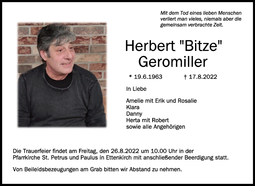  Traueranzeige für Herbert Geromiller vom 24.08.2022 aus Schwäbische Zeitung