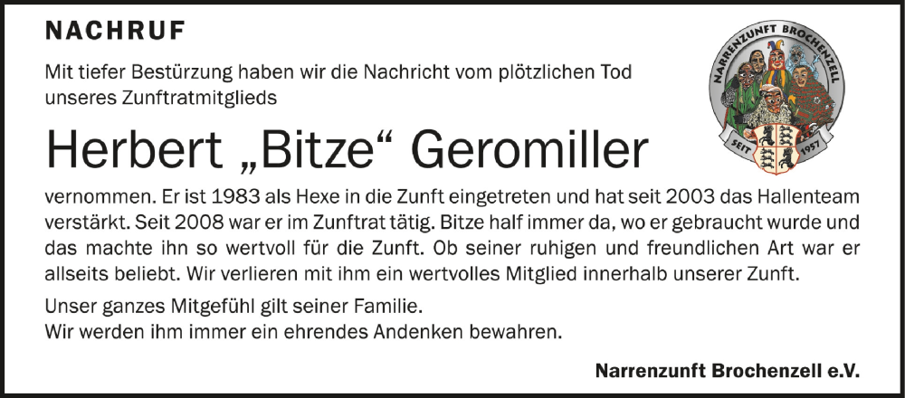  Traueranzeige für Herbert Geromiller vom 25.08.2022 aus Schwäbische Zeitung