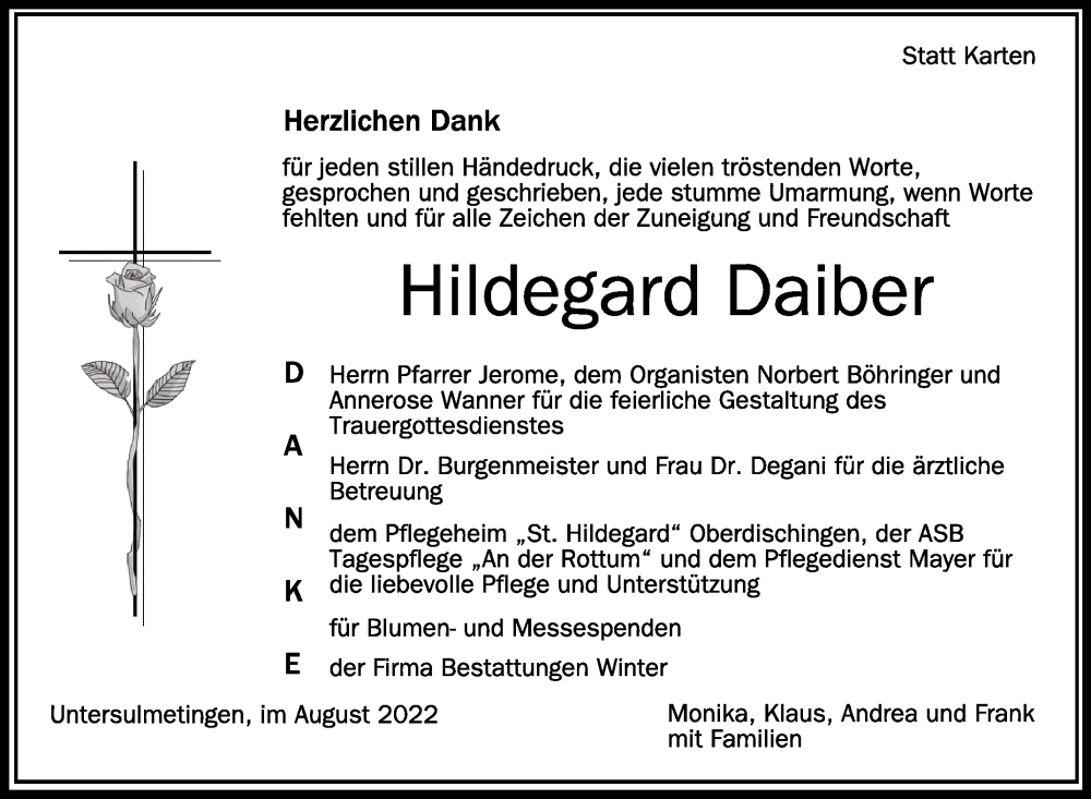 Traueranzeigen Von Hildegard Daiber Schwaebische De Trauerportal My