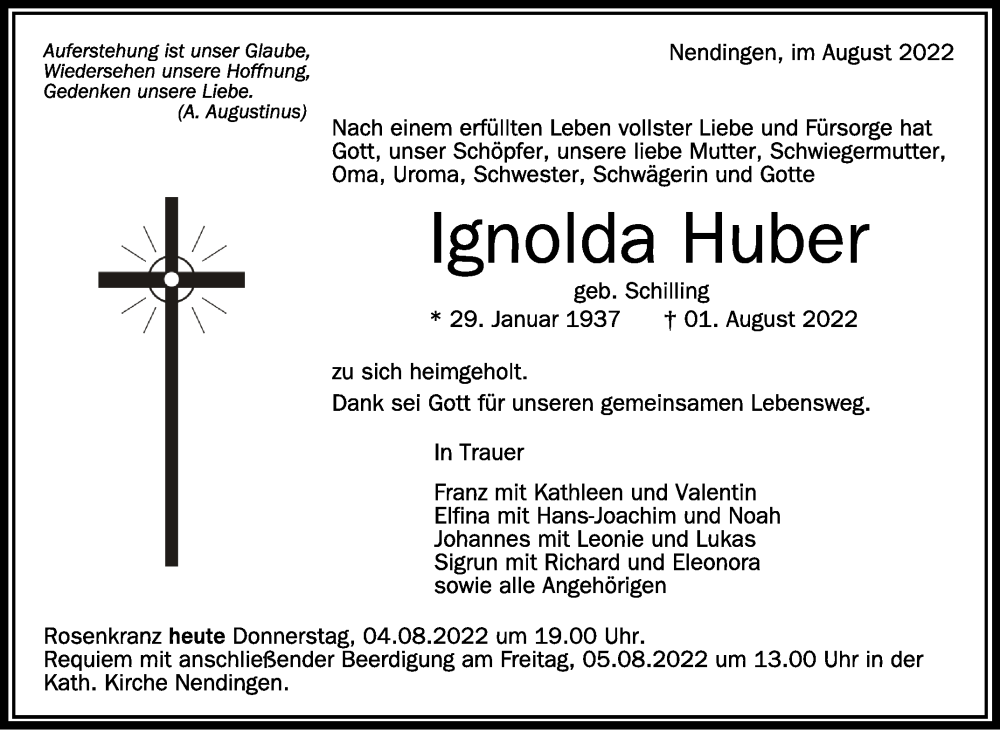  Traueranzeige für Ignolda Huber vom 04.08.2022 aus Schwäbische Zeitung