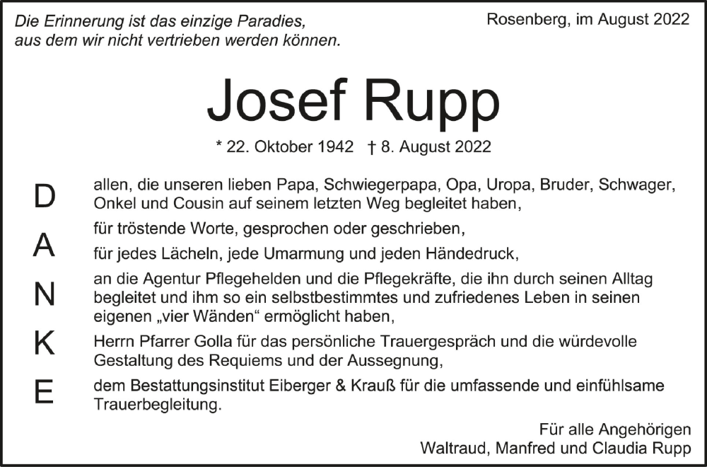  Traueranzeige für Josef Rupp vom 25.08.2022 aus Schwäbische Zeitung